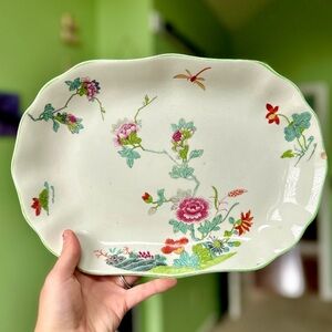 Vintage Bright Colorful Oriental Floral Porcelain Kitchen Serving Platter Tray